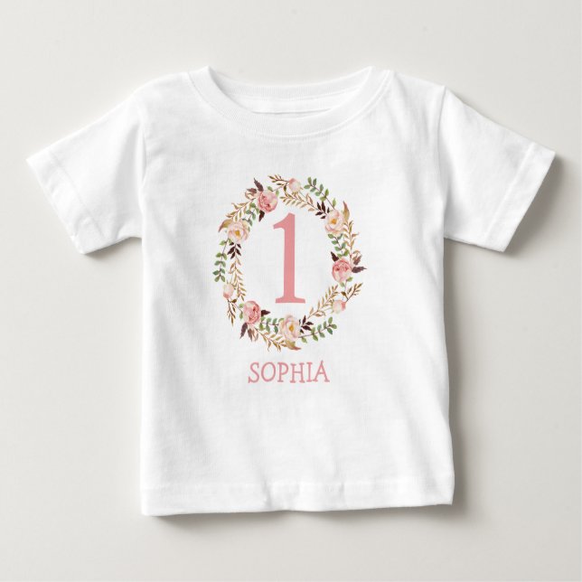 Baby Girl 1st Birthday Floral Outfit T-Shirt (Front)