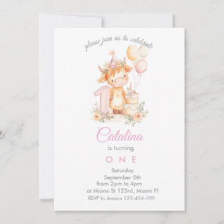 Baby Girl 1st Birthday highland cow Invitation