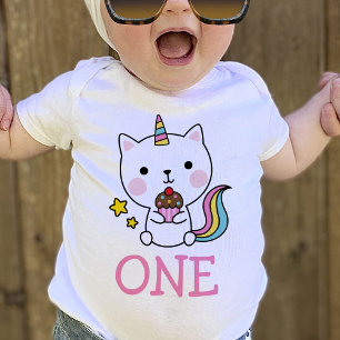Baby Girl 1st Birthday One Cat Unicorn T-Shirt