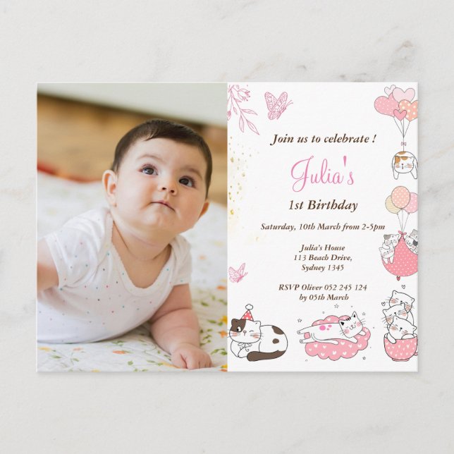Baby girl 1st birthday photo postcard (Front)