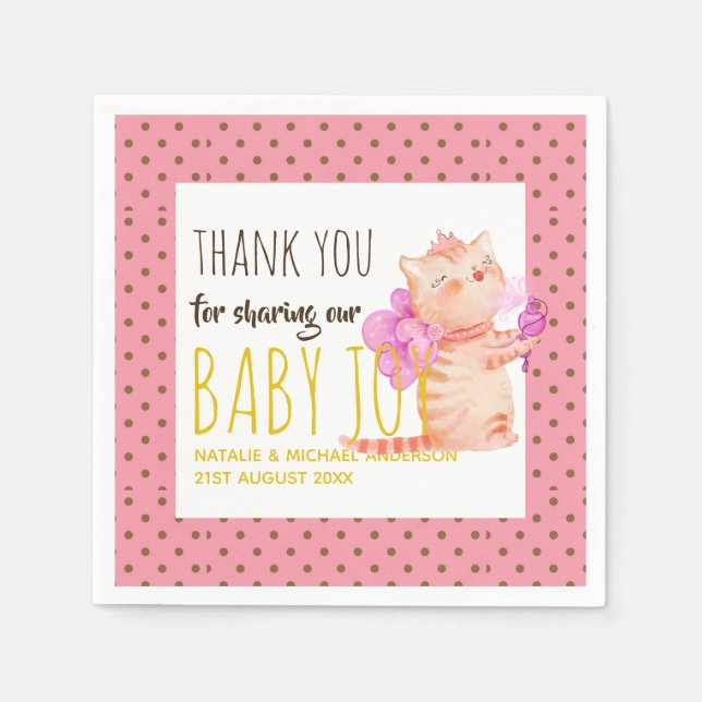 Baby Girl 1st Birthday Shower Princess Cats Thanks Napkin (Front)