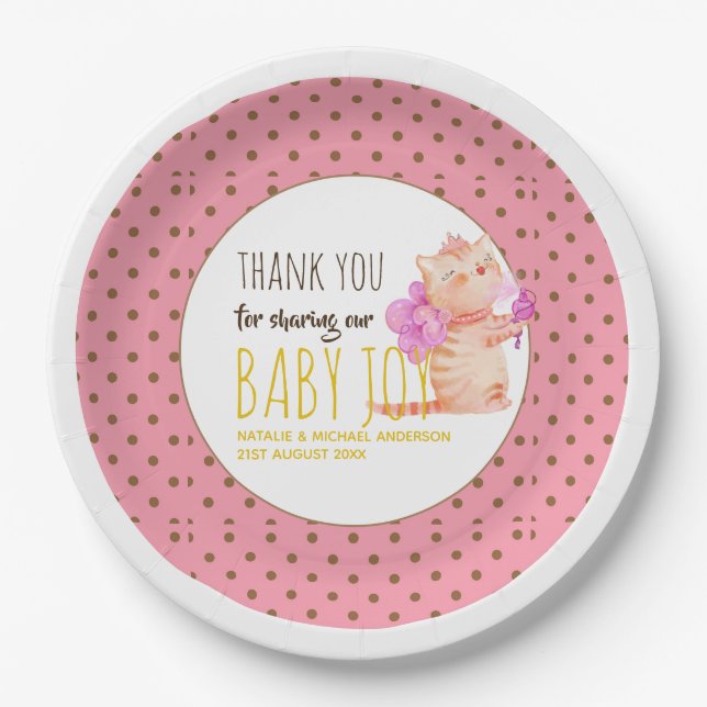 Baby Girl 1st Birthday Shower Princess Cats Thanks Paper Plate (Front)