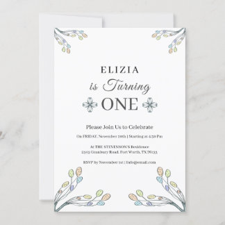 Baby Girl 1st Birthday White Retro Floral Invitation