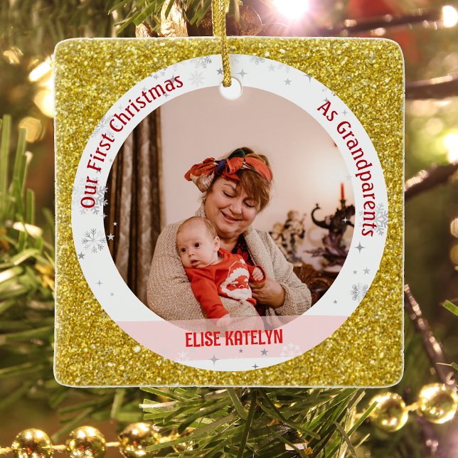 Baby Girl 1st Christmas As Grandparents 2 Photos Ceramic Ornament (Elegant Modern Cute Golden Our First Christmas as Grandparents Baby Girl 2 Photos Faux Glitter)