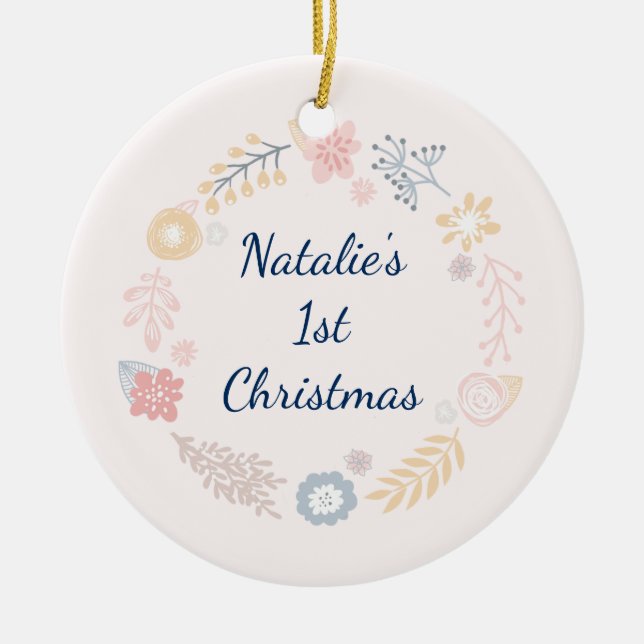 Baby Girl 1st Christmas Pink Botanical Photo Ceramic Ornament (Front)