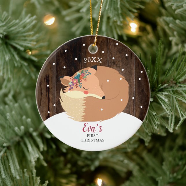 Baby Girl 1st Christmas Woodland Fox Personalised Ceramic Ornament (Tree)