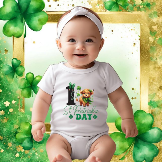 Baby Girl 1st St Patrick's Day with Highland Cow Bodysuit (Girls 1st St. Patrick's Day)