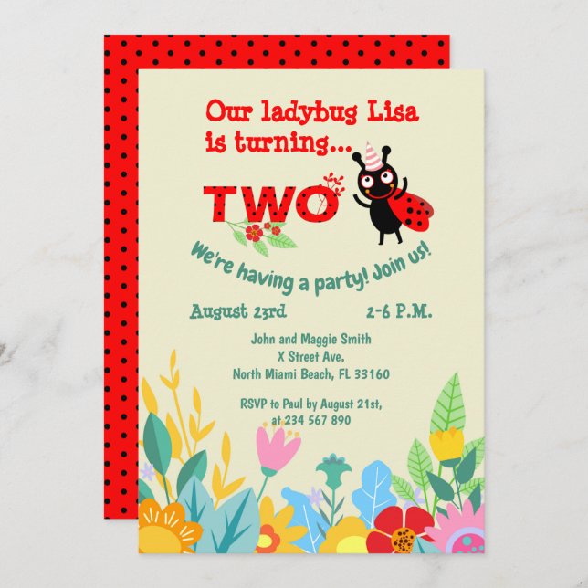 Baby girl 2nd birthday ladybug party  invitation (Front/Back)