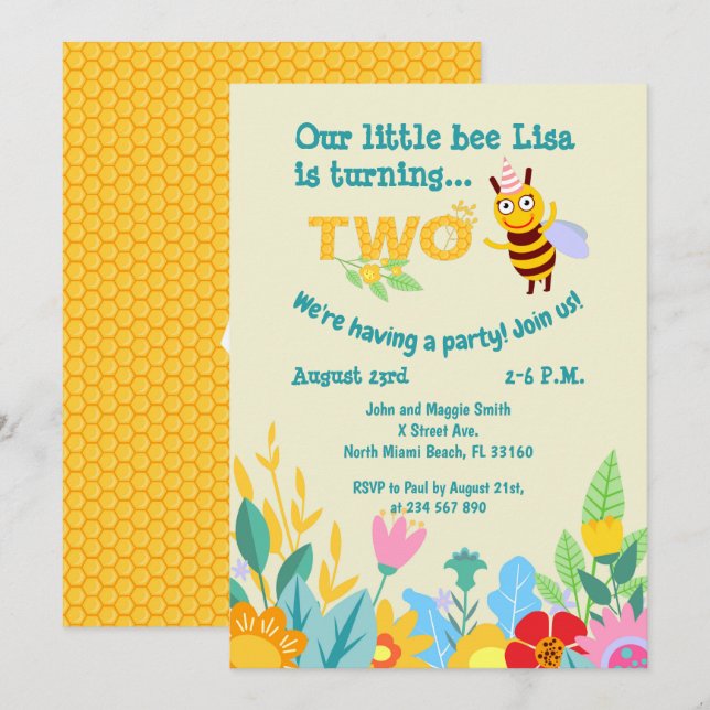 Baby girl 2nd birthday little bee party   invitation (Front/Back)