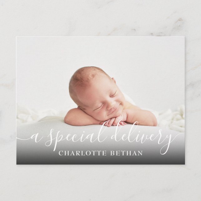 Baby Girl A Special Delivery Script Pink Birth Announcement Postcard (Front)