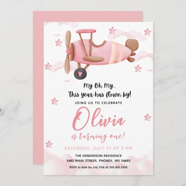 Baby Girl Aeroplane First Birthday Invitation (Front/Back)