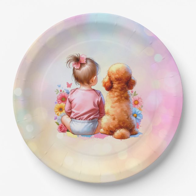 Baby Girl and an Apricot Poodle Paper Plate (Front)