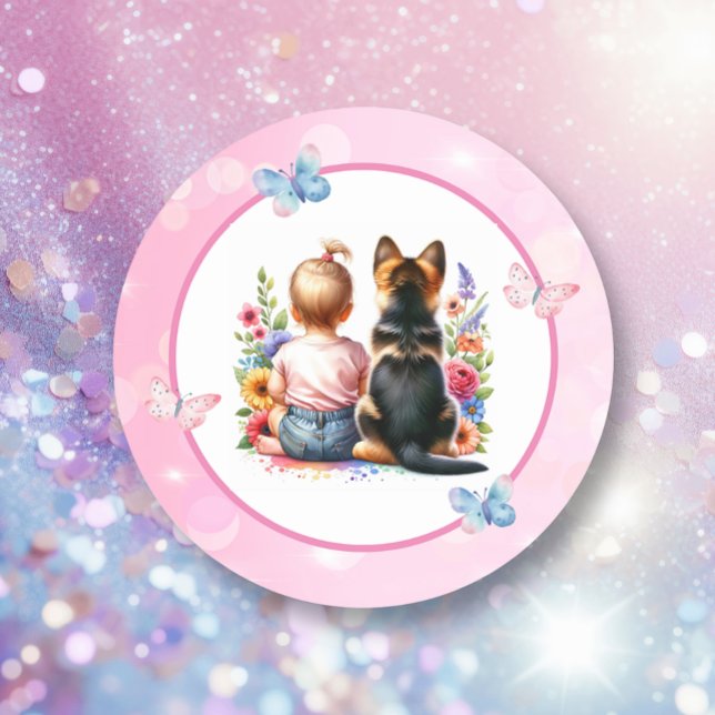 Baby Girl and her Puppy | Baby Shower   Classic Round Sticker (Creator Uploaded)