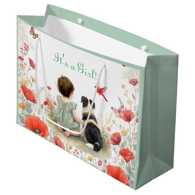 Baby Girl and her Puppy Baby Shower  Large Gift Bag (Front Angled)