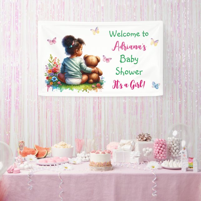 Baby Girl and her Teddy Bear | Girl's Baby Shower Banner (Party)