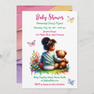 Baby Girl and her Teddy Bear   Girl's Baby Shower Invitation