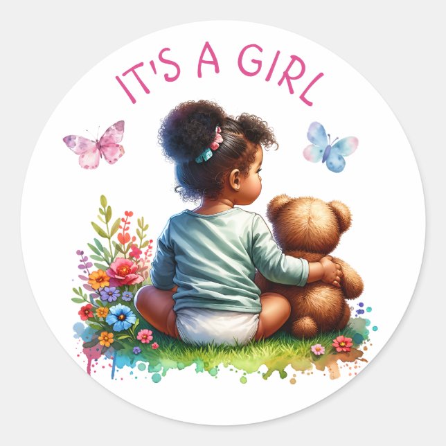 Baby Girl and her Teddy Bear | It's a Girl Classic Round Sticker (Front)