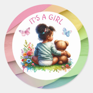 Baby Girl and her Teddy Bear   It's a Girl Classic Round Sticker