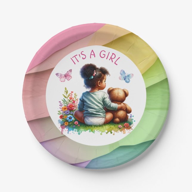 Baby Girl and her Teddy Bear | It's a Girl Paper Plate (Front)