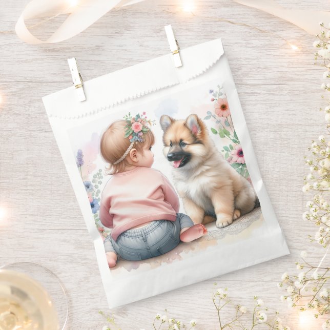 Baby Girl and Puppy Pink Baby Shower Favour Bag (Clipped)