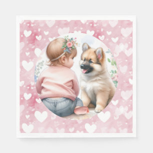 Baby Girl and Puppy Pink Baby Shower Napkin