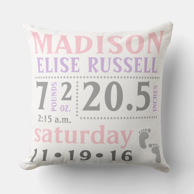 Baby Girl Announcement Pillow, pink, purple, grey Cushion (Front)