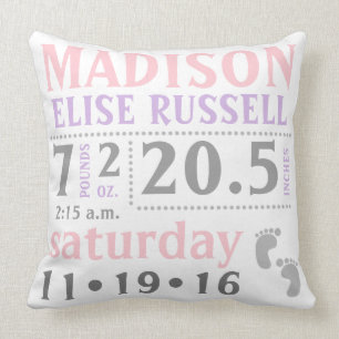 Baby Girl Announcement Pillow, pink, purple, grey Cushion