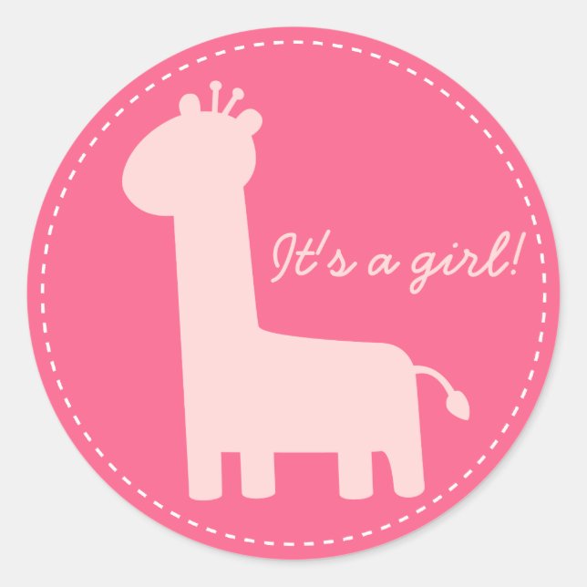 Baby Girl Announcement - Pink giraffe silhouette Classic Round Sticker (Front)
