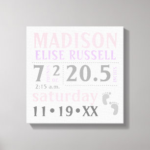 Baby Girl Announcement, pink, purple, grey Canvas Print