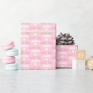 Baby Girl Any Name Stars Pattern Pastel Pink Wrapping Paper