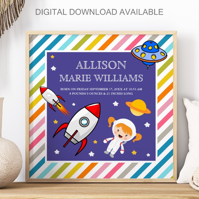 Baby Girl Astronaut Outer Space Rocket Birth Stats Poster (Creator Uploaded)