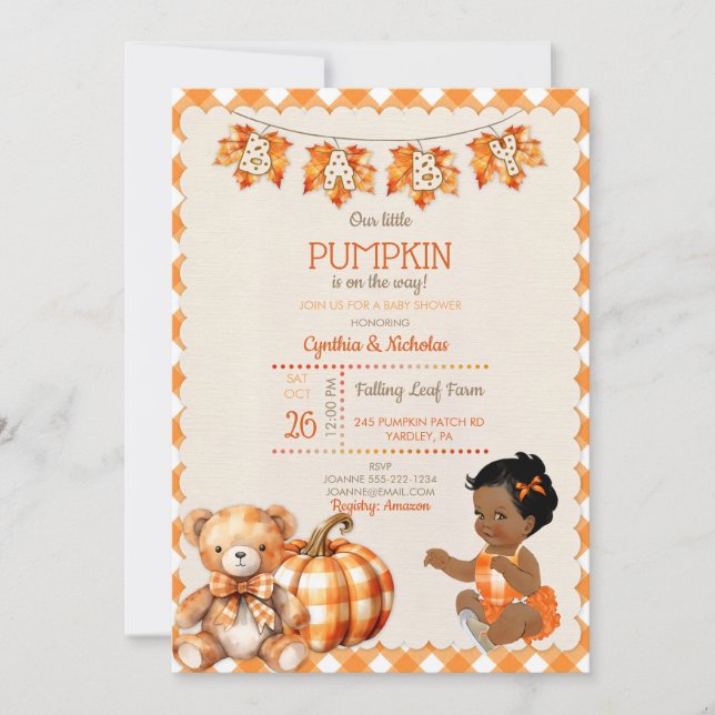 Baby Girl Autumn Plaid Teddy Bear Pumpkin Leaves Invitation (Front)