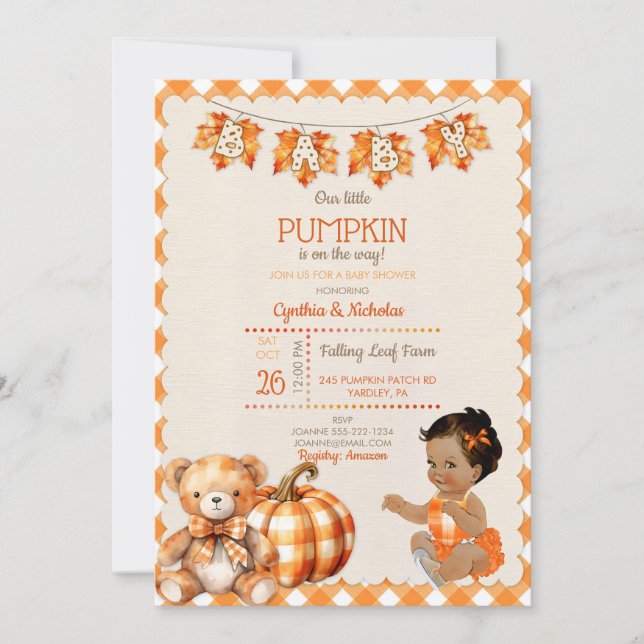 Baby Girl Autumn Plaid Teddy Bear Pumpkin Leaves Invitation (Front)