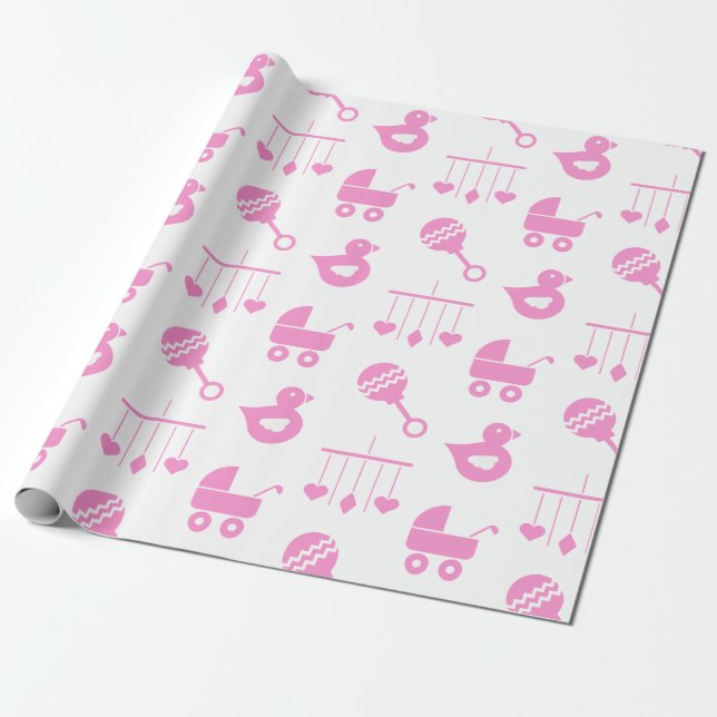 Baby Girl Baby Shower Pink Icons Wrapping Paper (Unrolled)