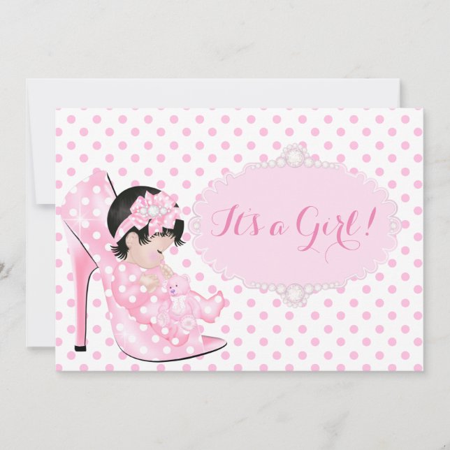 Baby Girl Baby Shower Pink White Polka Dots C Invitation (Front)