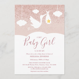 Baby Girl Baby Shower Stork Rose Gold Glitter Invitation