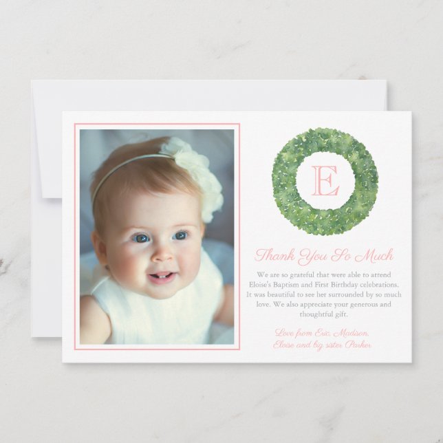 Baby Girl Baptism Birthday Chic Boxwood Monogram Thank You Card (Front)