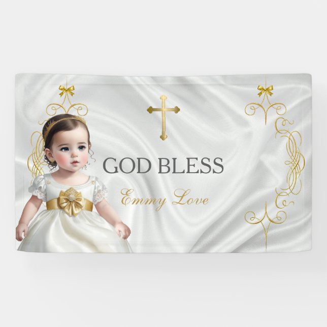 Baby Girl Baptism Christening Gold Cross Banner (Horizontal)