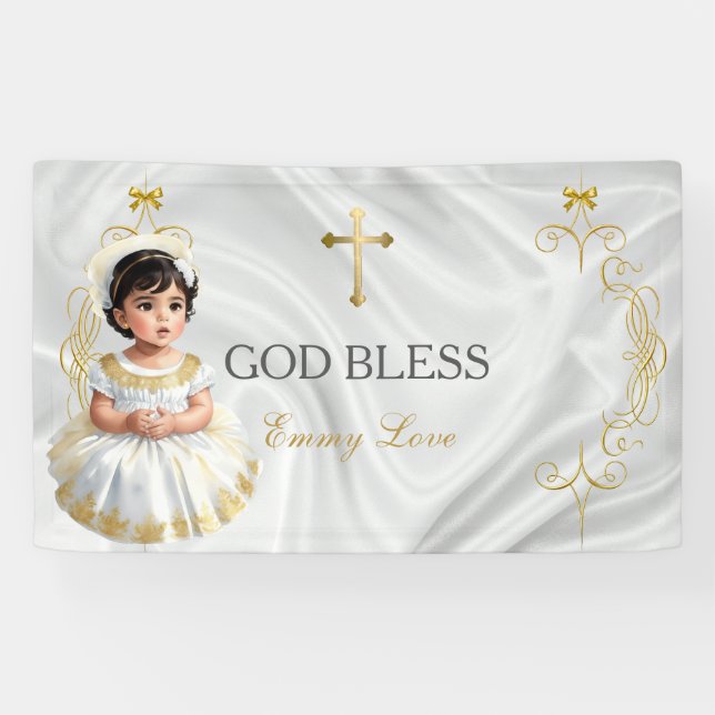 Baby Girl Baptism Christening Gold Cross Banner (Horizontal)
