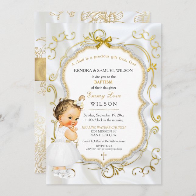 Baby Girl Baptism Christening Gold Cross Glitter Invitation (Front/Back)
