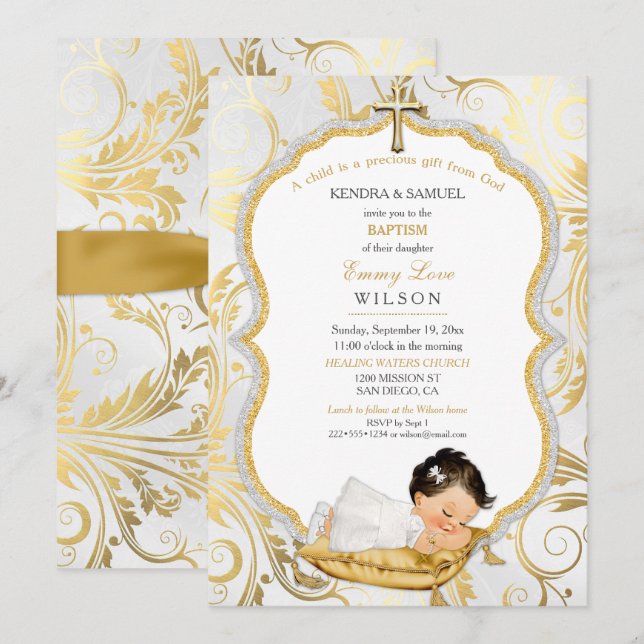 Baby Girl Baptism Christening Gold Cross Invitation (Front/Back)
