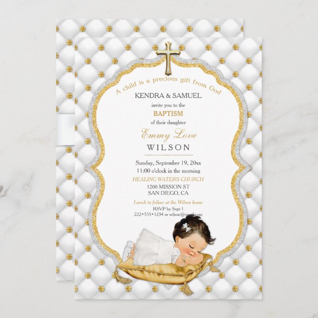 Baby Girl Baptism Christening Gold Cross Invitation (Front/Back)