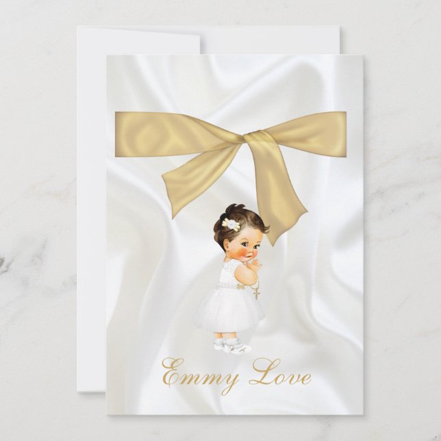 Baby Girl Baptism Christening Gold Cross Thank You Invitation (Front)