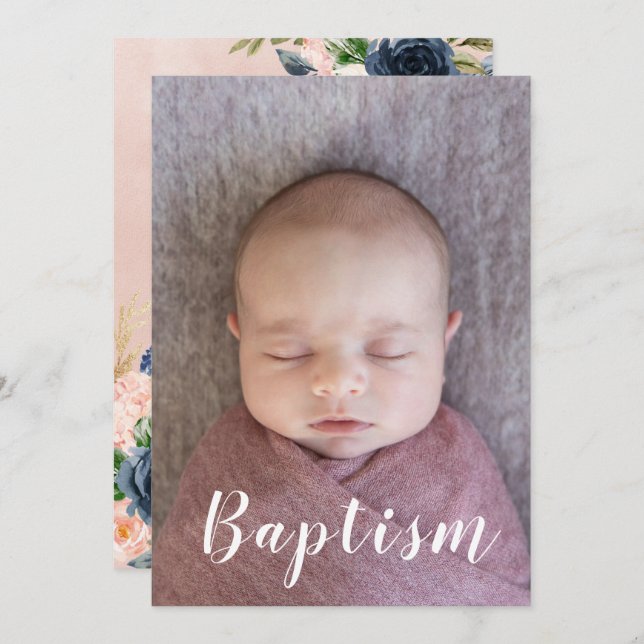 Baby Girl Baptism Christening Navy Blush Floral Invitation (Front/Back)