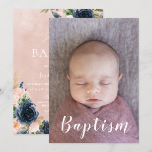 Baby Girl Baptism Christening Navy Blush Floral Invitation