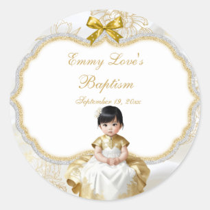 Baby Girl Baptism Christening White & Gold Classic Round Sticker