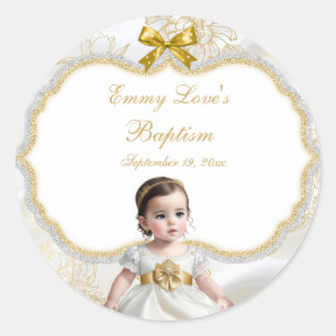 Baby Girl Baptism Christening White & Gold Classic Round Sticker