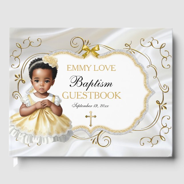 Baby Girl Baptism Christening White & Gold Cross Guest Book (Front)