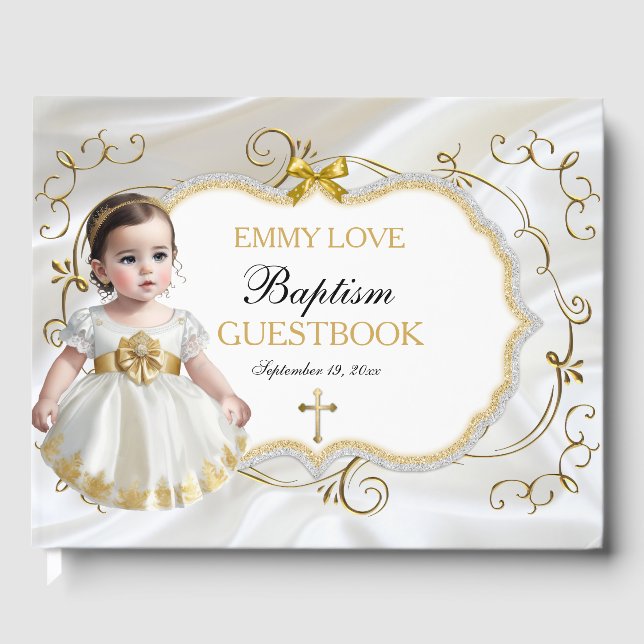 Baby Girl Baptism Christening White & Gold Cross Guest Book (Front)