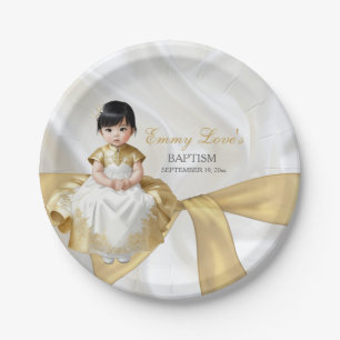 Baby Girl Baptism Christening White & Gold Paper Plate
